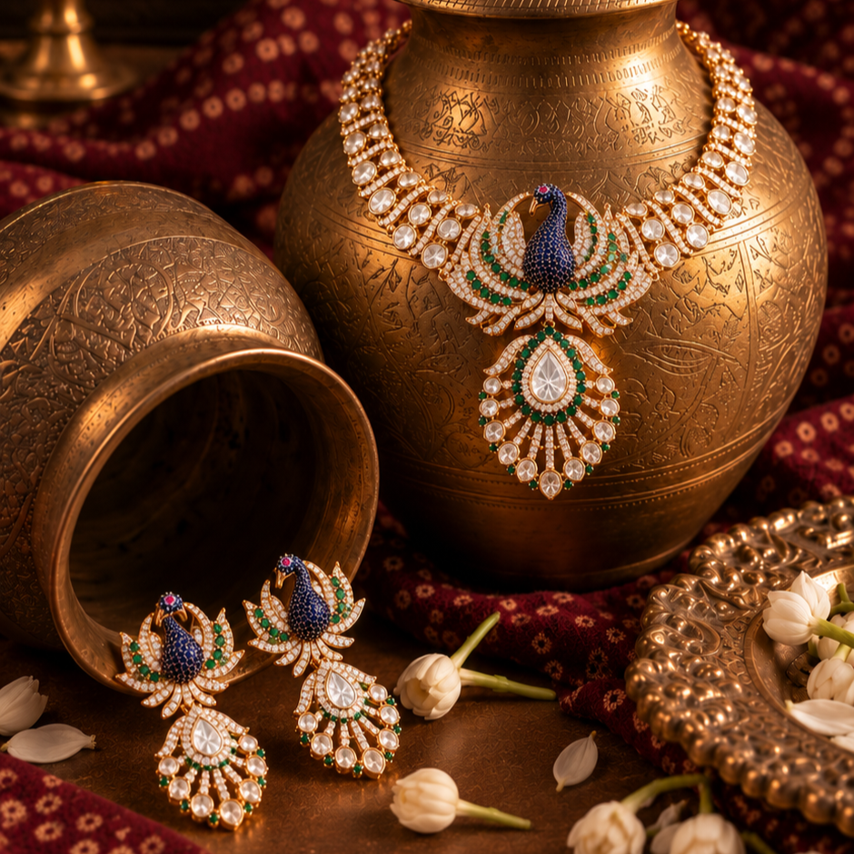 Peacock Kundan Necklace Set with Earrings