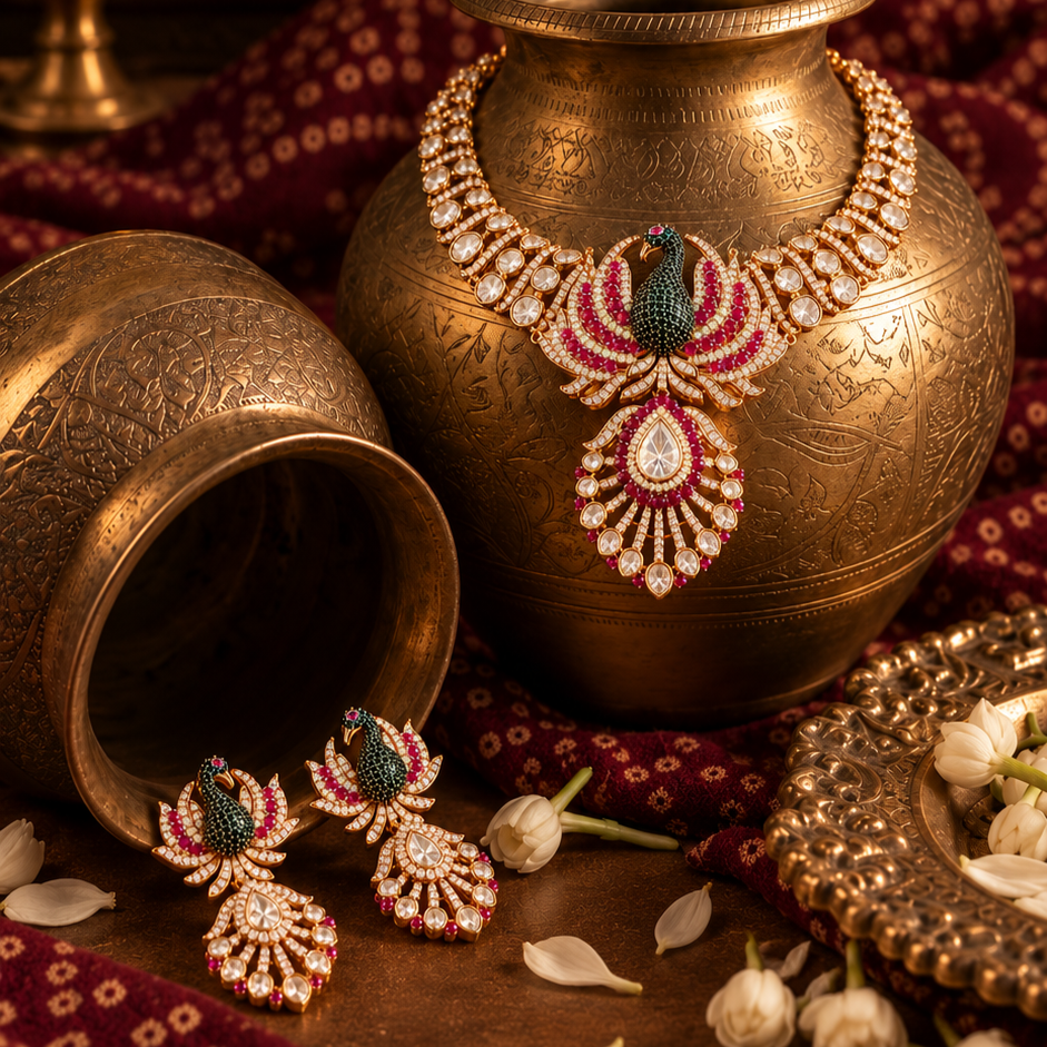 Peacock Kundan Necklace Set with Earrings