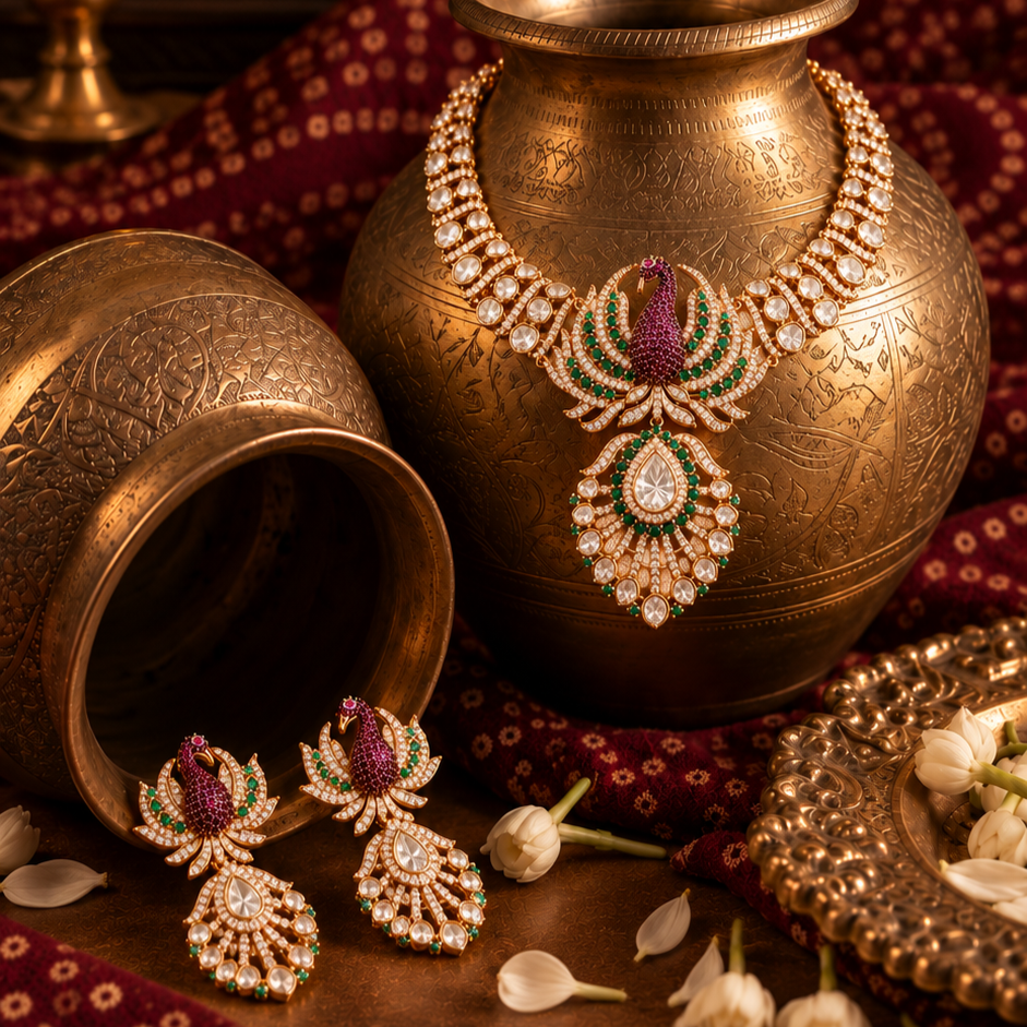 Peacock Kundan Necklace Set with Earrings