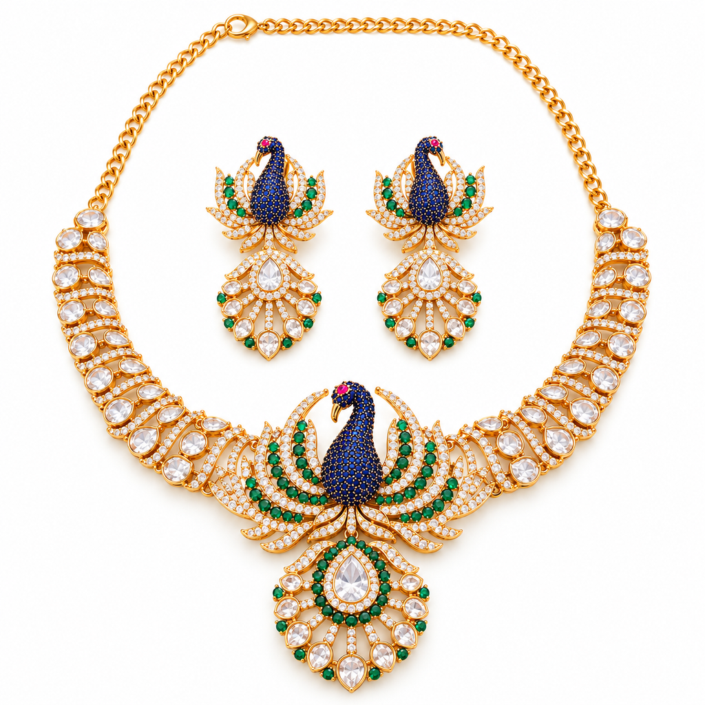 Peacock Kundan Necklace Set with Earrings