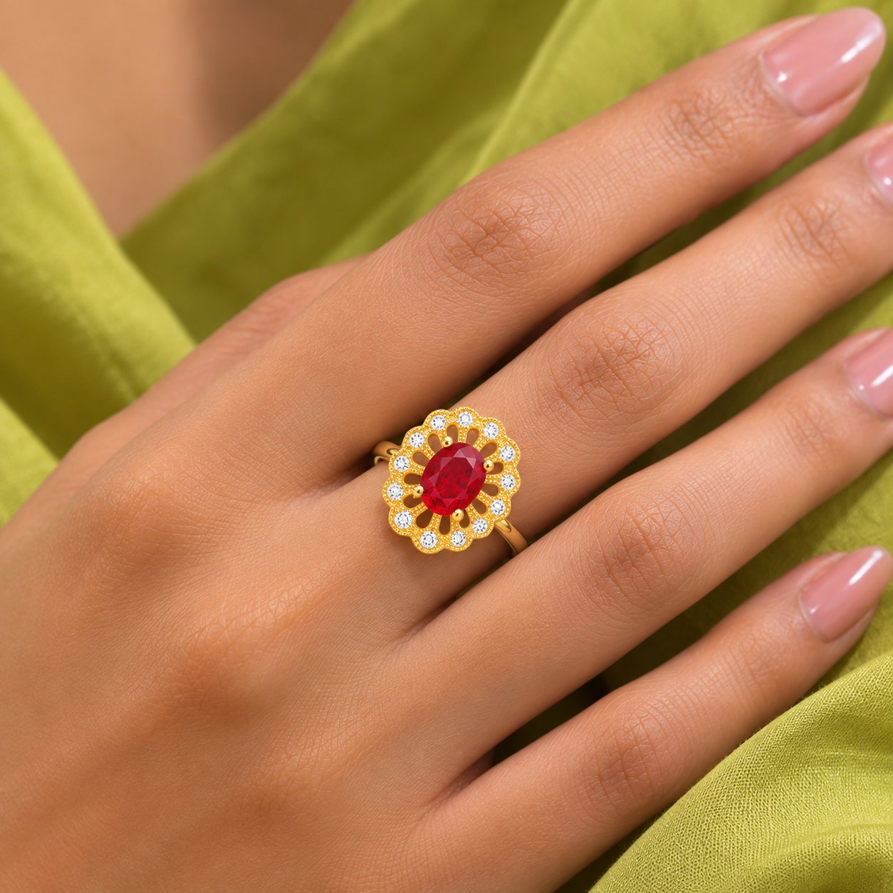 A gold ring with a central oval red gemstone and surrounding small clear stones, worn on a hand with pink manicured nails against a lime green fabric background.