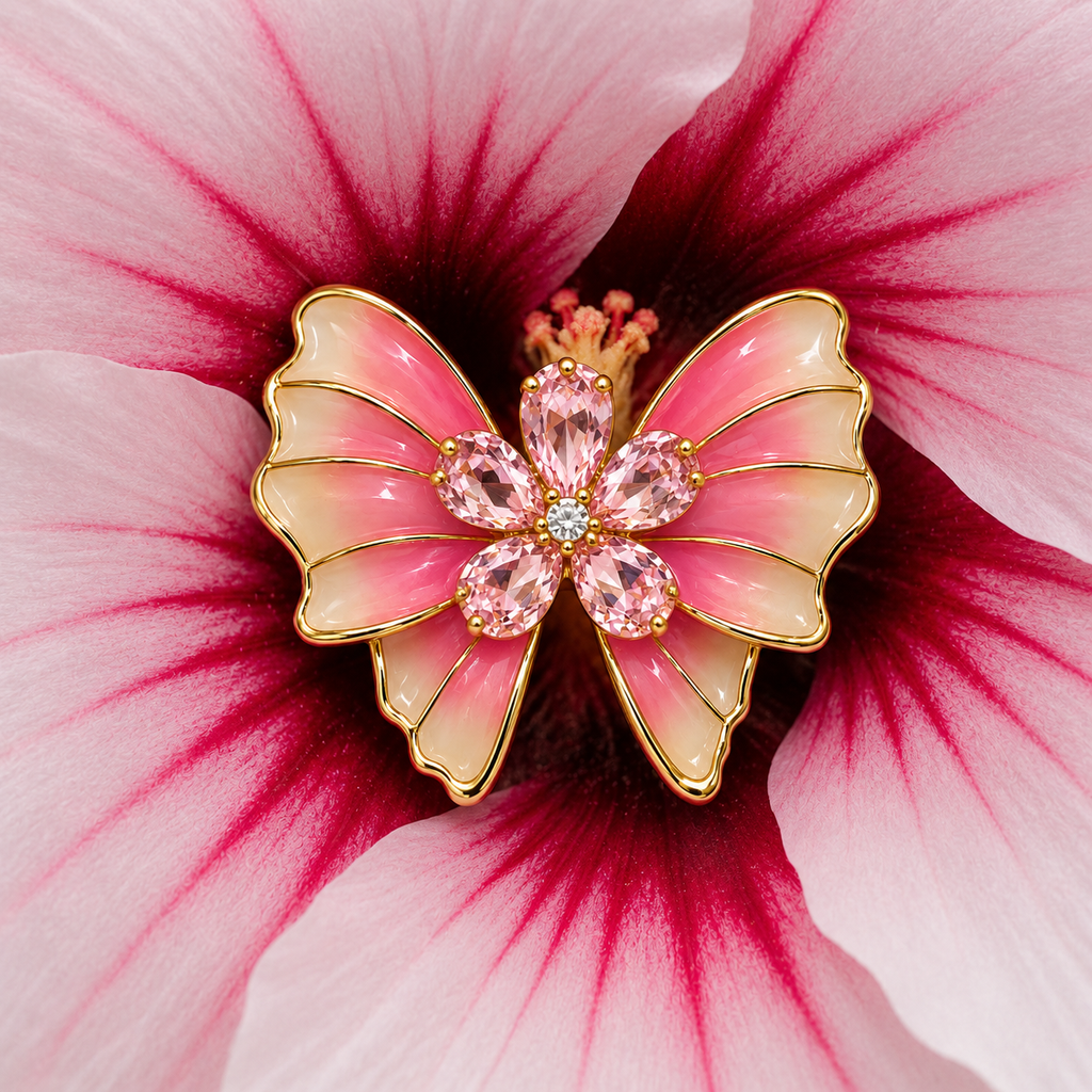 Elegant pink butterfly statement brooch for women with sparkling crystals