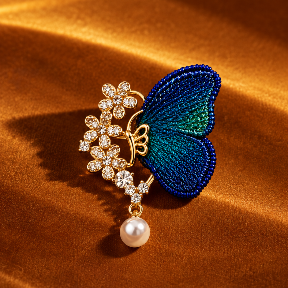 Blue Peacock Brooch with Pearl & CZ