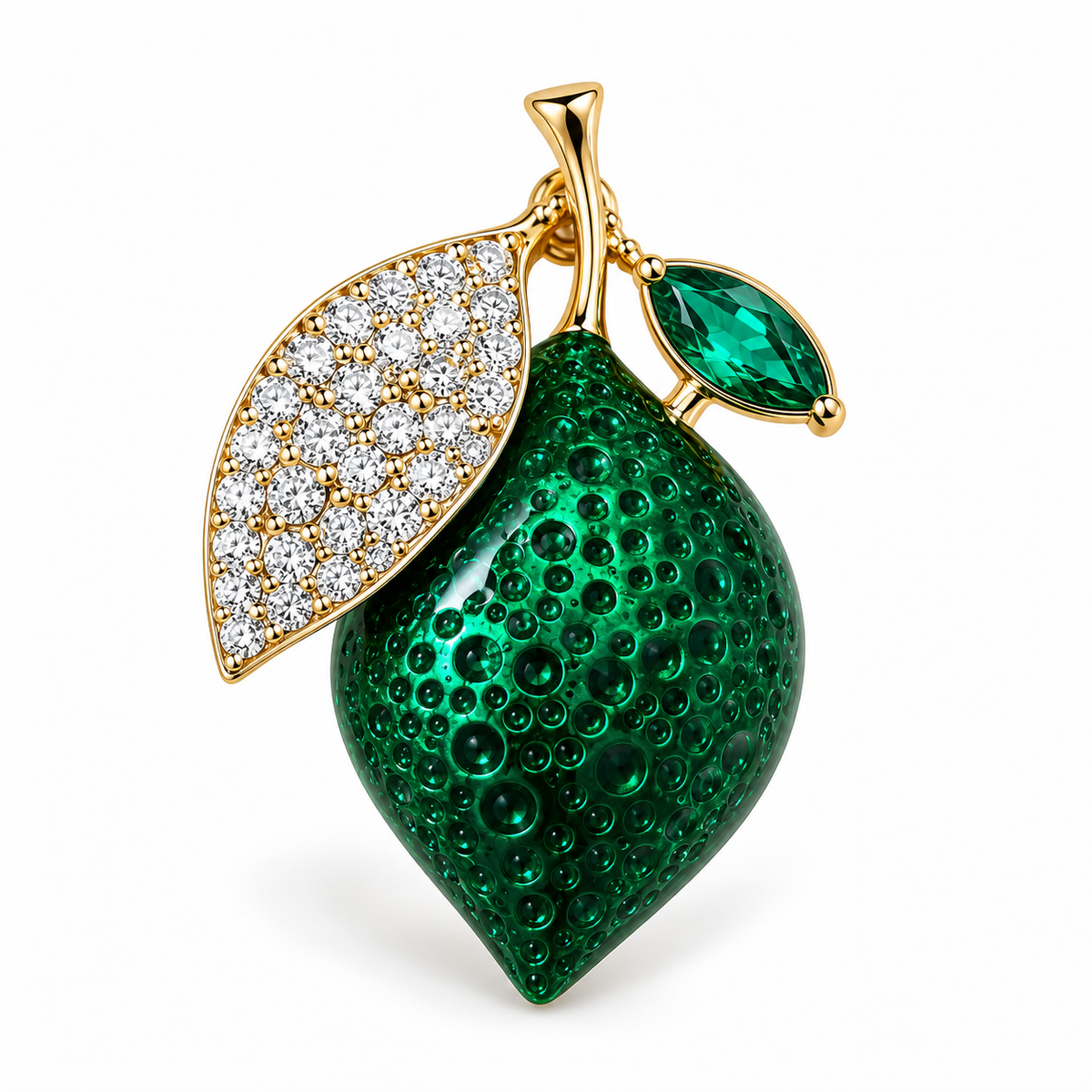 Green fruit-shaped brooch with a textured surface, gold-tone stem, clear crystal leaf and green crystal accent