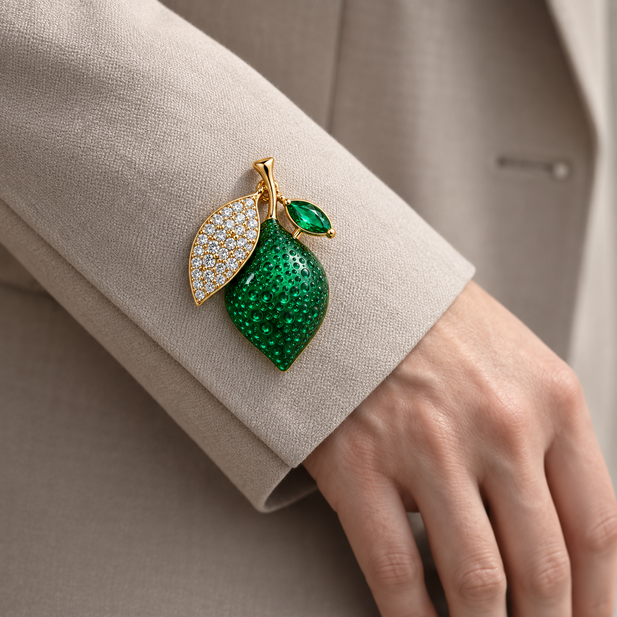 Green pear fruit brooch with sparkling crystal detailing and 18K PVD gold finish