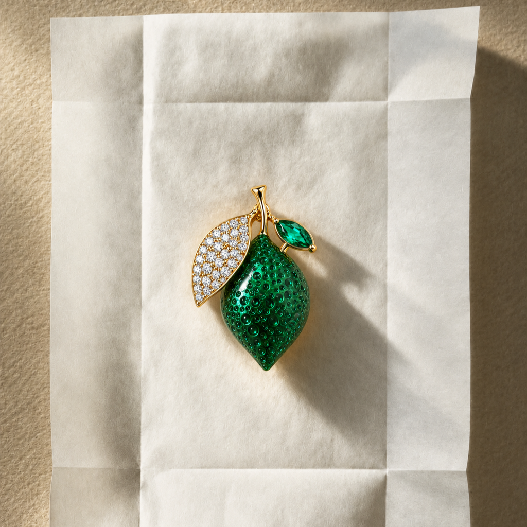 Luxury novelty jewellery pin in green with clear crystal embellishments and gold-tone detailing