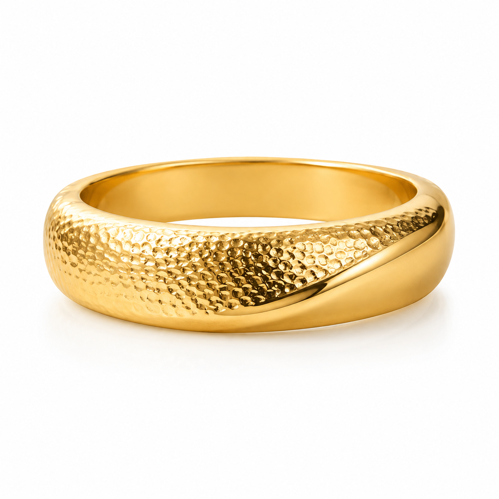 A textured gold band ring with a hammered finish and a polished twisted edge, shown on a clean white background.