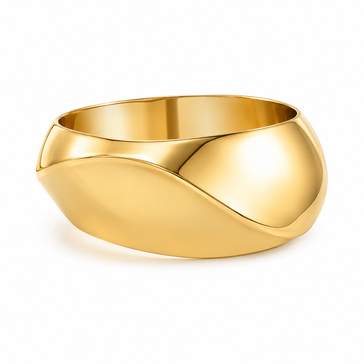 A polished gold ring with a wide, rounded, wavy band, shown on a clean white background.
