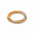 A stack of five textured snake-bangle bracelets in alternating gold, rose gold, and silver colors, coiled on a plain white background.
