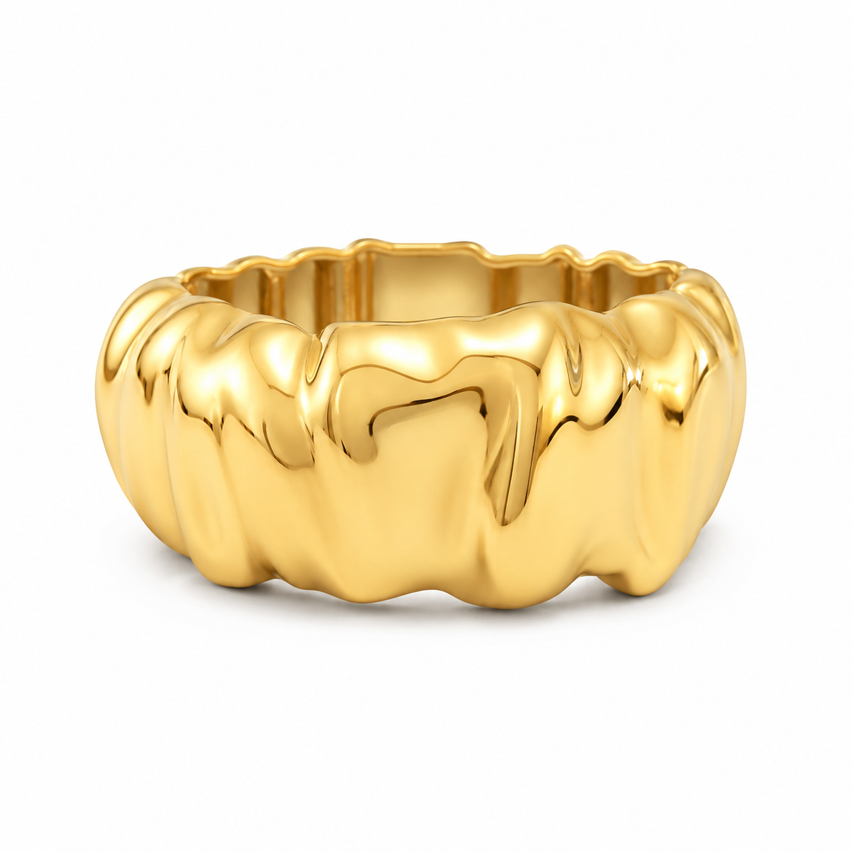 A polished yellow gold ring with a wavy, organic, fluid-like textured exterior, shown on a clean white background.