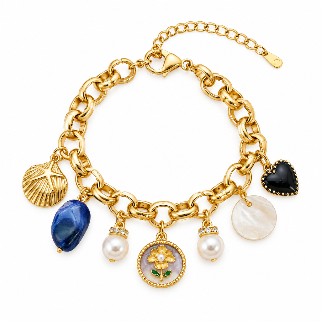 A gold chain charm bracelet featuring multiple charms including a scallop shell, blue oval stone, white pearl, floral medallion, black heart, and mother-of-pearl disc, shown on a white background.
