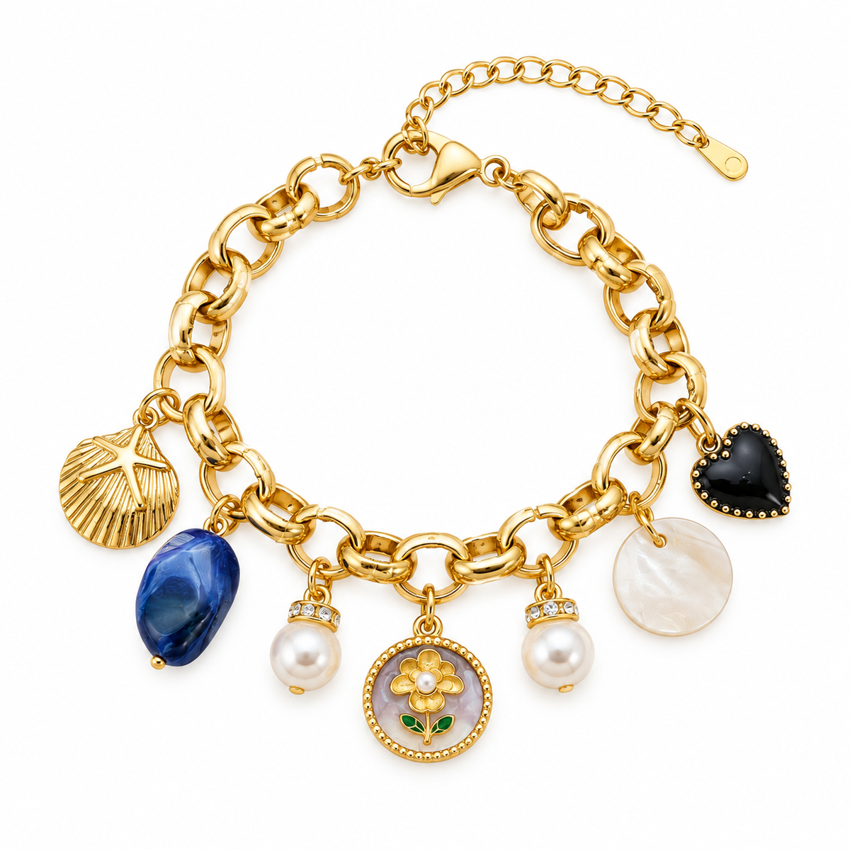 A gold chain charm bracelet featuring multiple charms including a scallop shell, blue oval stone, white pearl, floral medallion, black heart, and mother-of-pearl disc, shown on a white background.