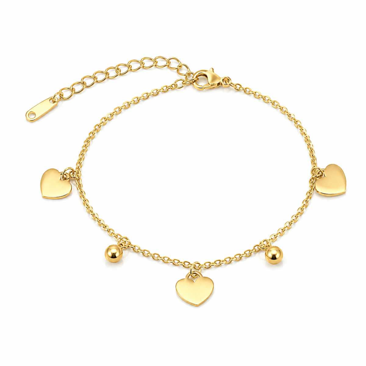 A gold chain anklet featuring three flat heart charms, two small round bead charms, and an adjustable lobster clasp with an extension chain, shown on a plain white background.