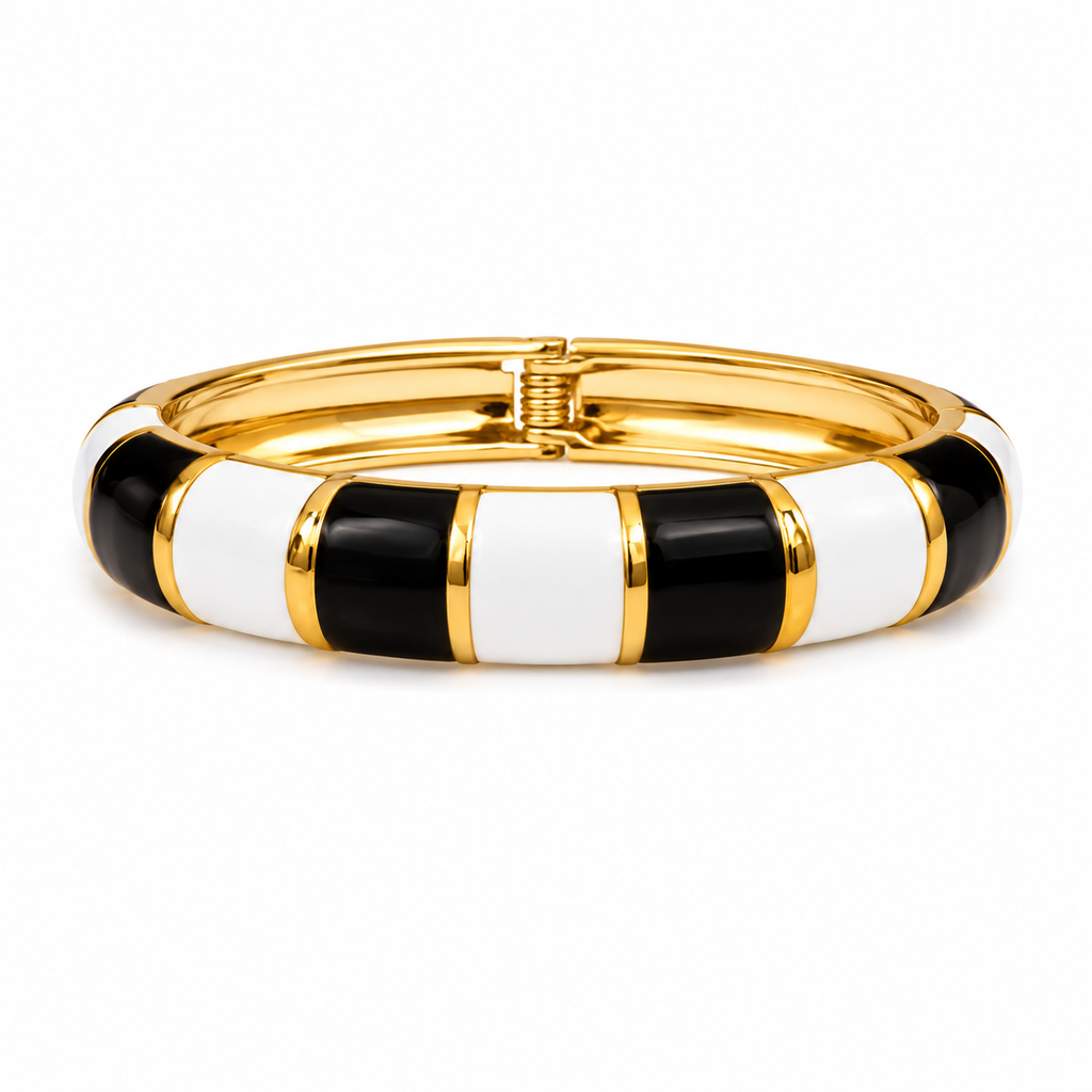 Black and white enamel bangle for women with gold-tone detailing