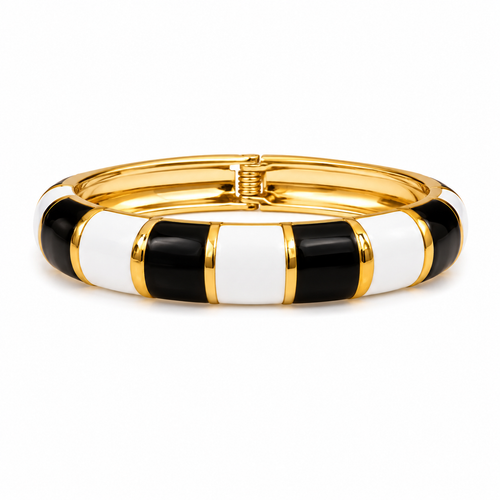 Black and white enamel bangle for women with gold-tone detailing