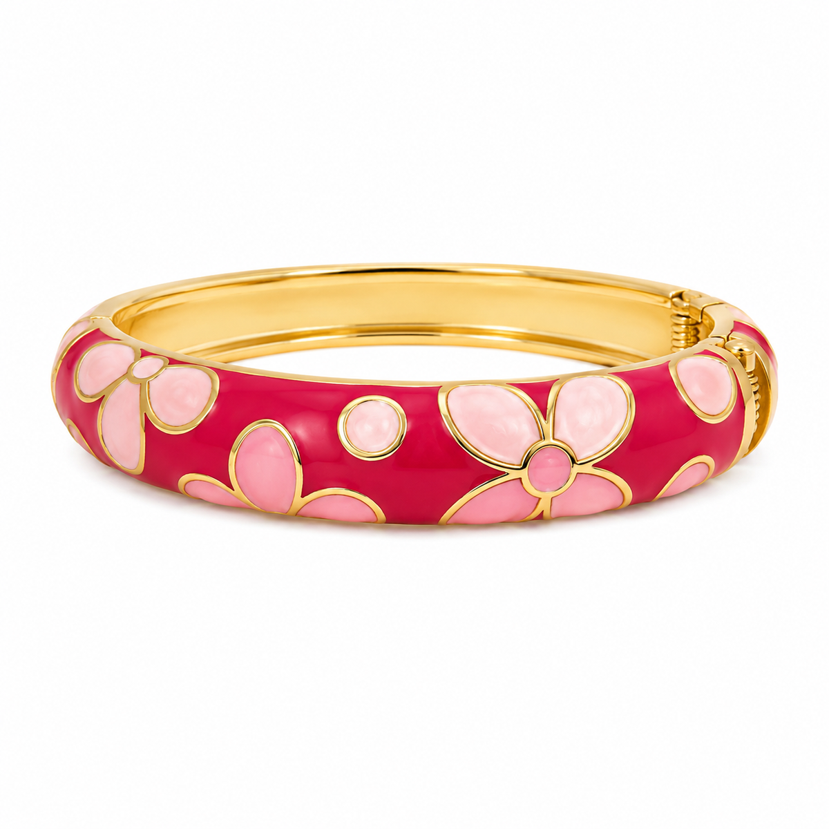 A gold-plated bangle bracelet featuring a vibrant magenta-pink floral enamel pattern with light pink inlay details, set against a clean white background.