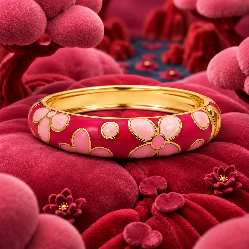 A gold bangle bracelet with pink enamel floral motifs, displayed on a plush red velvet surface with matching decorative flowers.