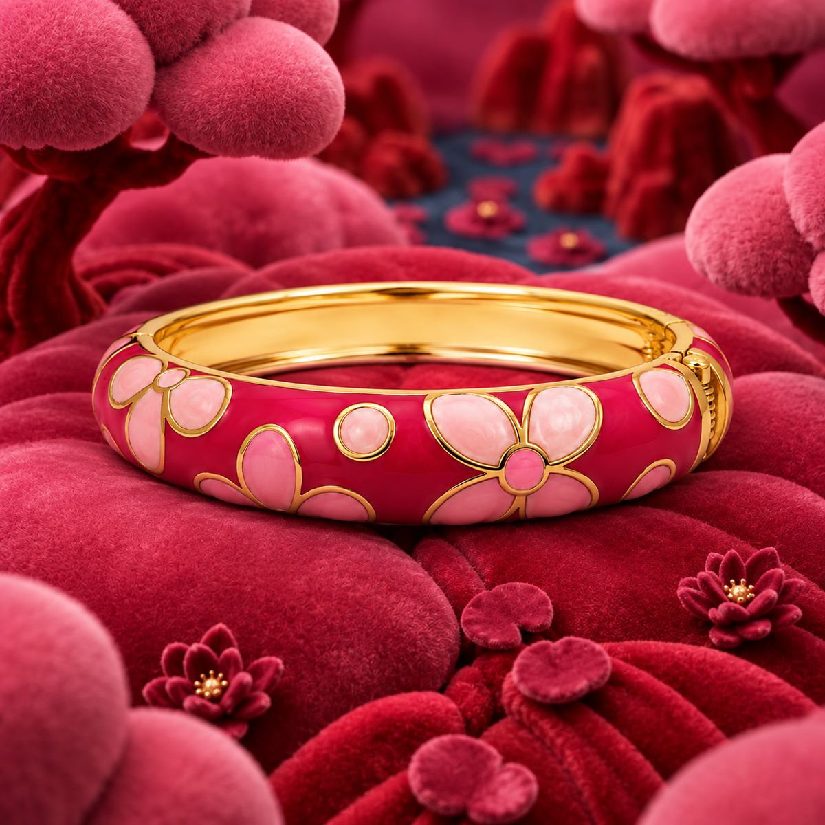 A gold bangle bracelet with pink enamel floral motifs, displayed on a plush red velvet surface with matching decorative flowers.