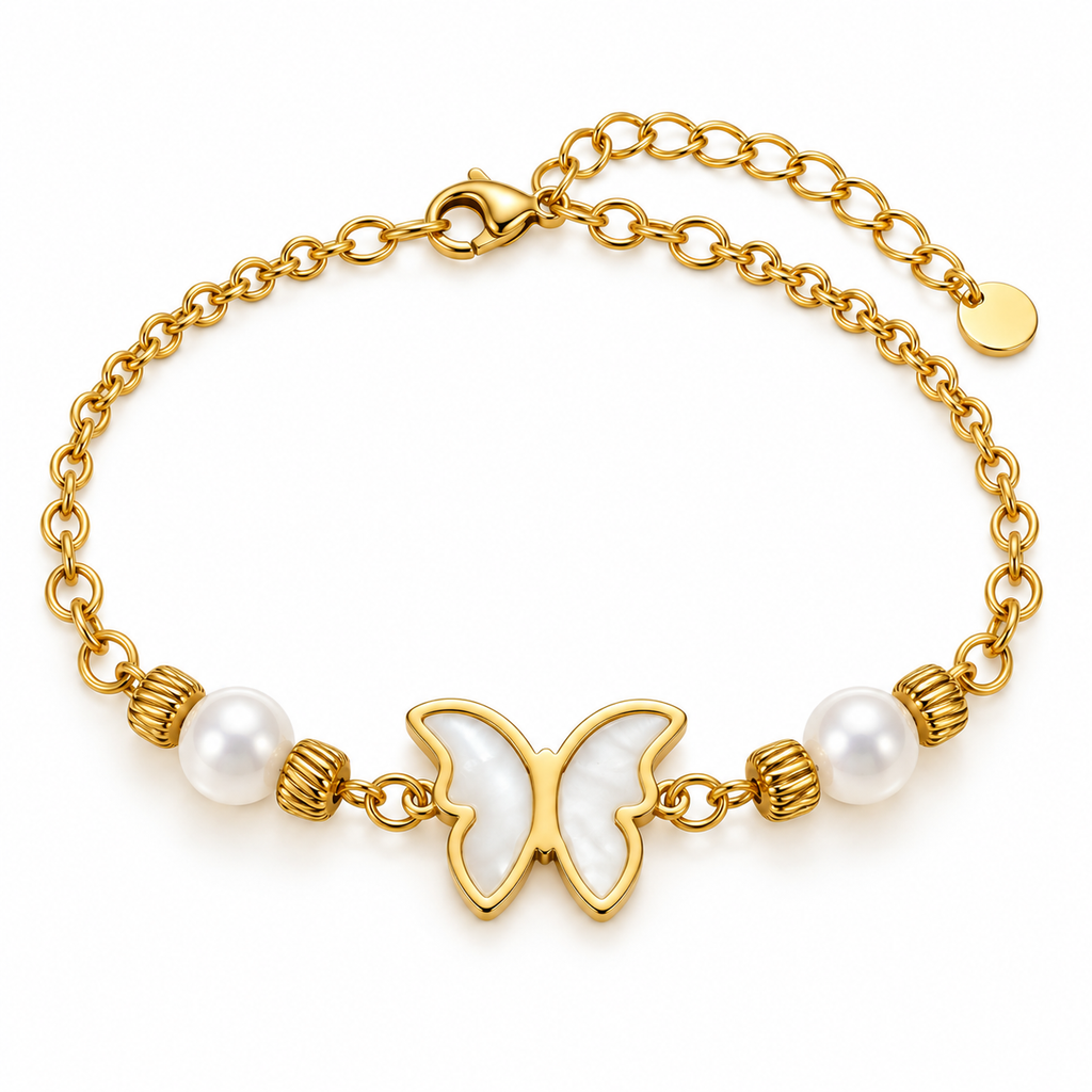 A gold chain bracelet featuring a central mother-of-pearl butterfly motif, flanked by two white pearls and textured gold spacer beads, set against a plain white background.