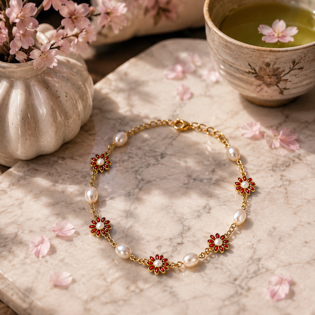 A gold-toned bracelet with white pearls and red floral motifs, arranged on a marble surface with cherry blossoms, a vase, and a cup of green tea in the background.