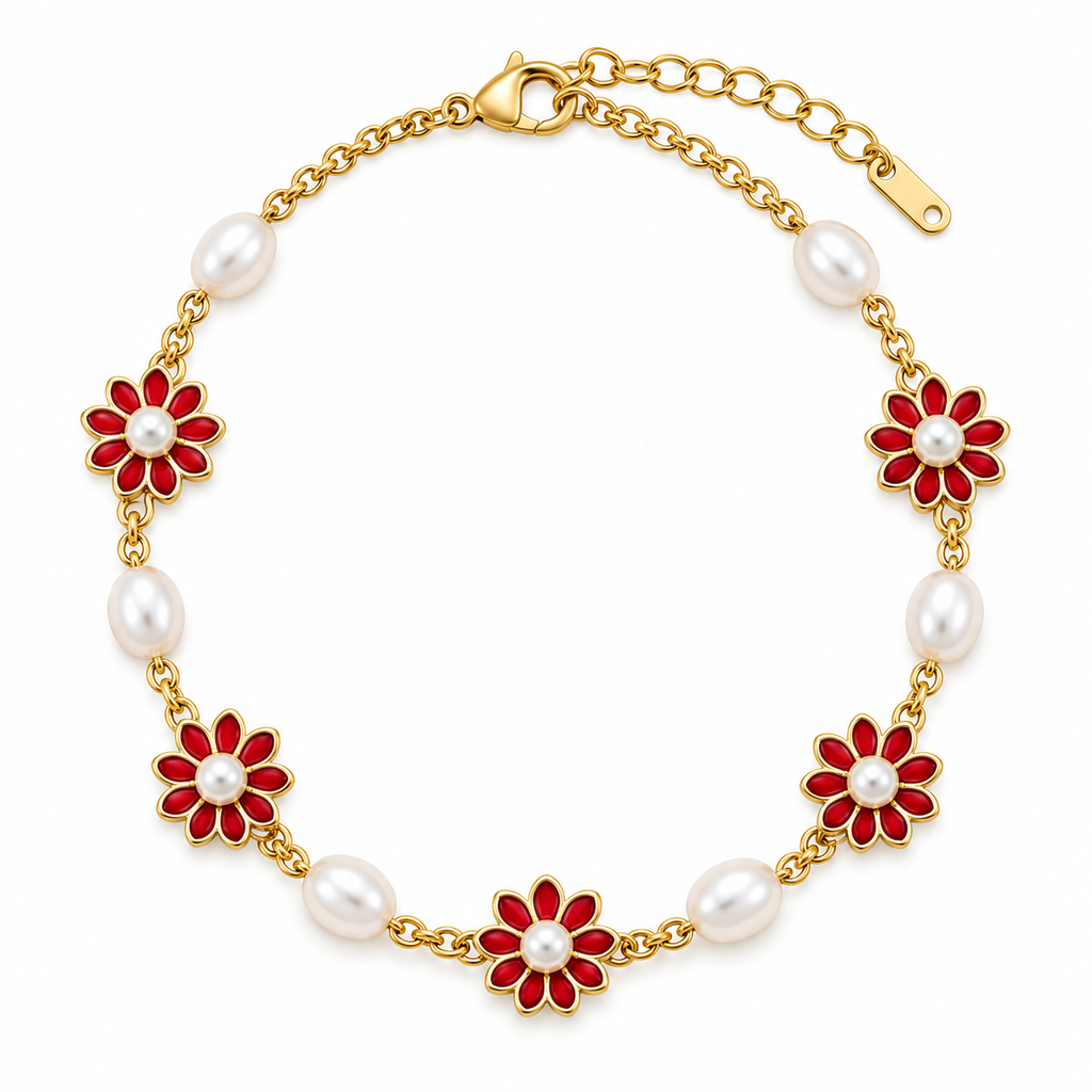 Red Flower Pearl Bracelet for Women