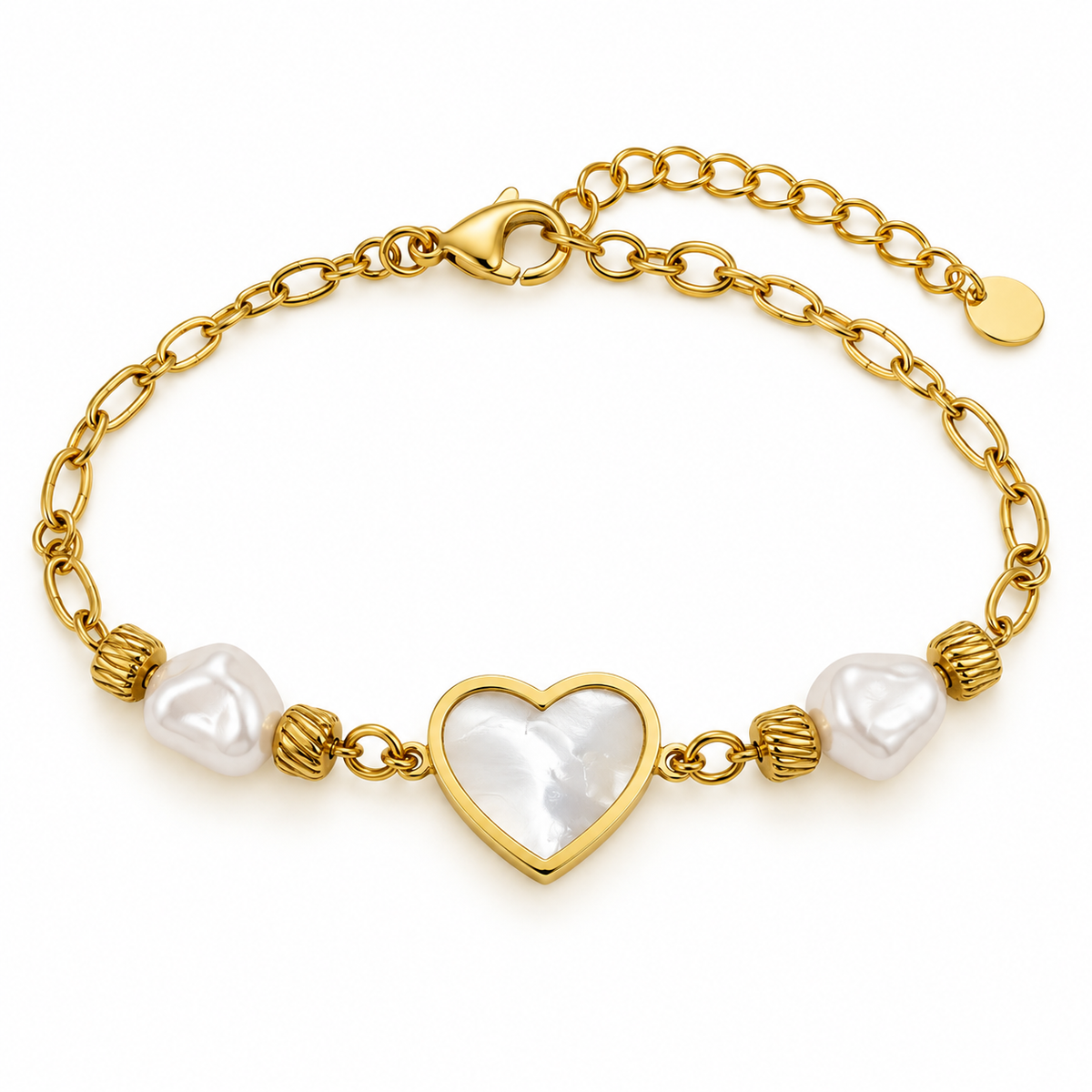 A gold chain bracelet featuring a central heart-shaped mother-of-pearl inlay, flanked by two textured white baroque pearls and small gold spacer beads, on a clean white background.