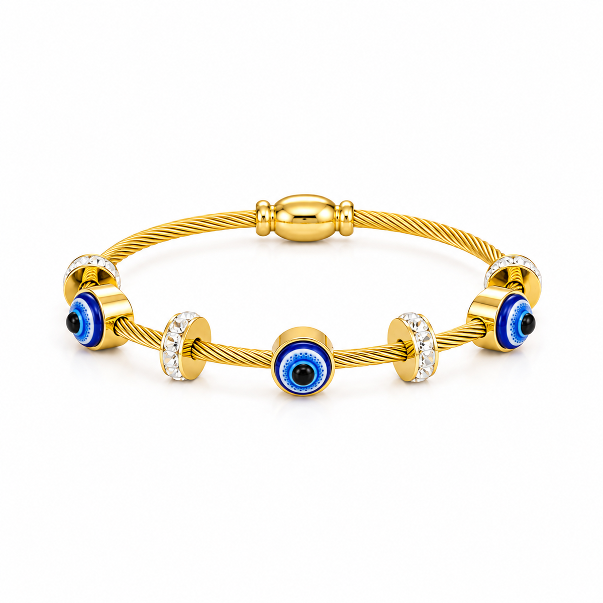 A gold cable-wrapped bracelet with evil eye charms and clear crystal accents, photographed on a clean white background.