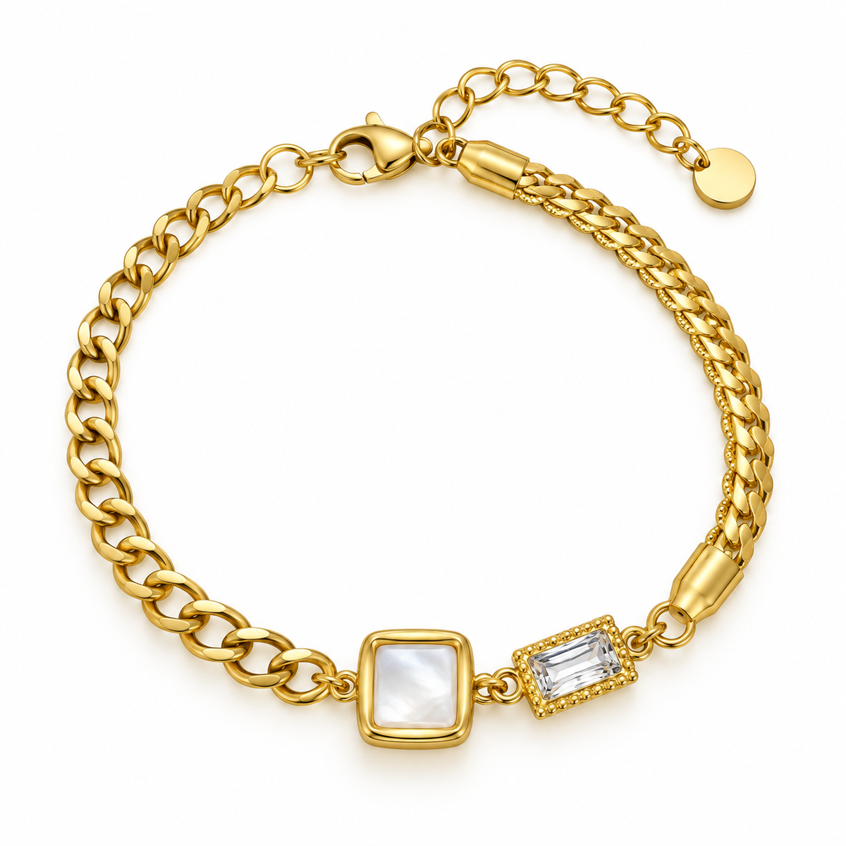 A gold chain bracelet with a square mother-of-pearl centerpiece and a rectangular clear gemstone accent, displayed on a clean white background.