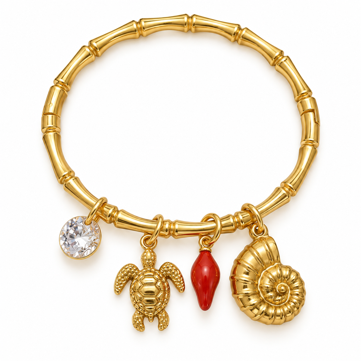 Gold sea turtle charm kada bracelet with CZ accent and shell charm