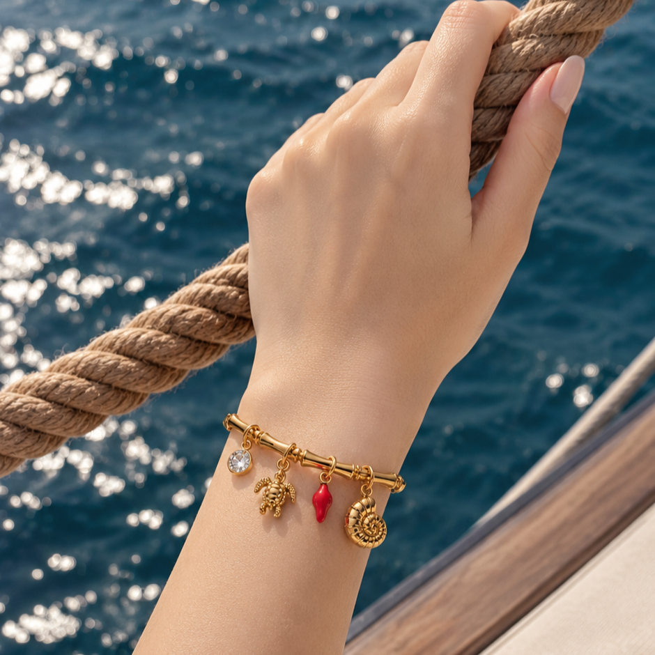18K PVD gold stainless steel charm kada featuring sea turtle and coastal-inspired details