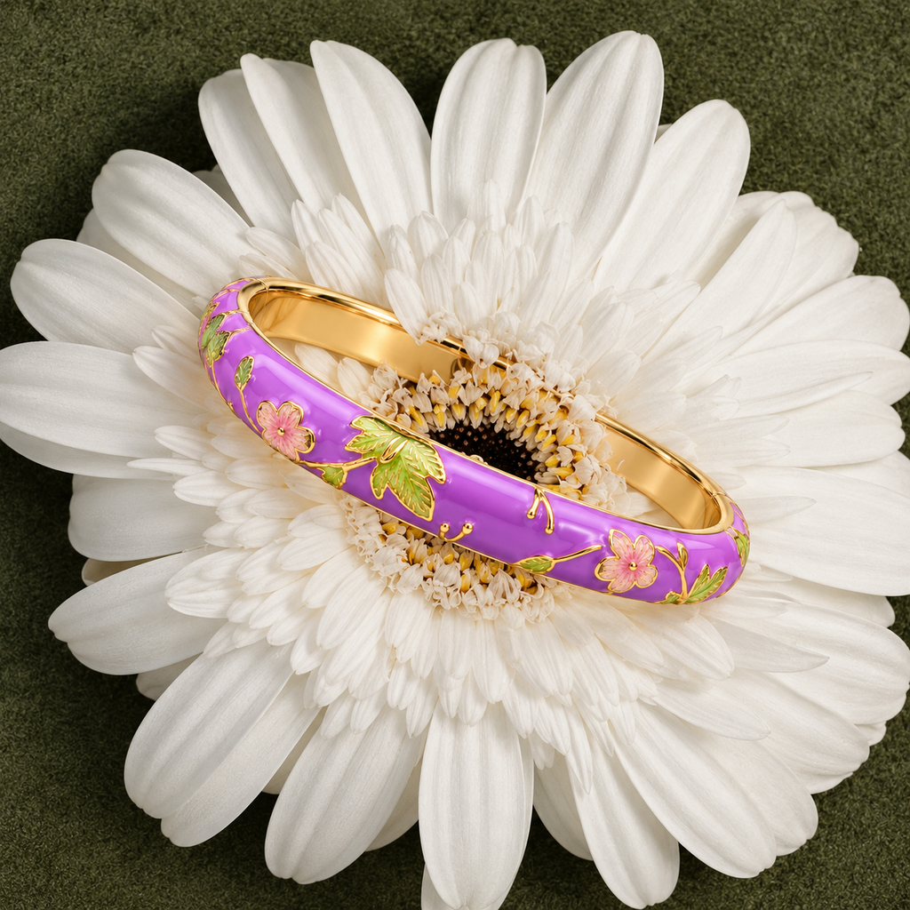 Gold-tone purple bangle bracelet for women with floral detailing