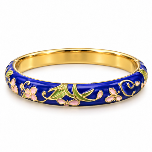 A gold-plated bangle bracelet with a vibrant blue enamel outer surface decorated with pink flowers and green leaves, shown on a clean white background.