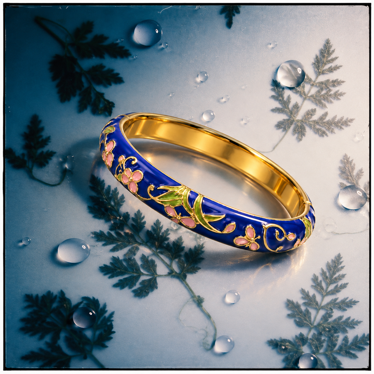 A gold-plated bangle bracelet with a deep blue enamel inlay decorated with pink floral motifs and green leaves, presented on a reflective light blue surface with water droplets and dried botanicals.