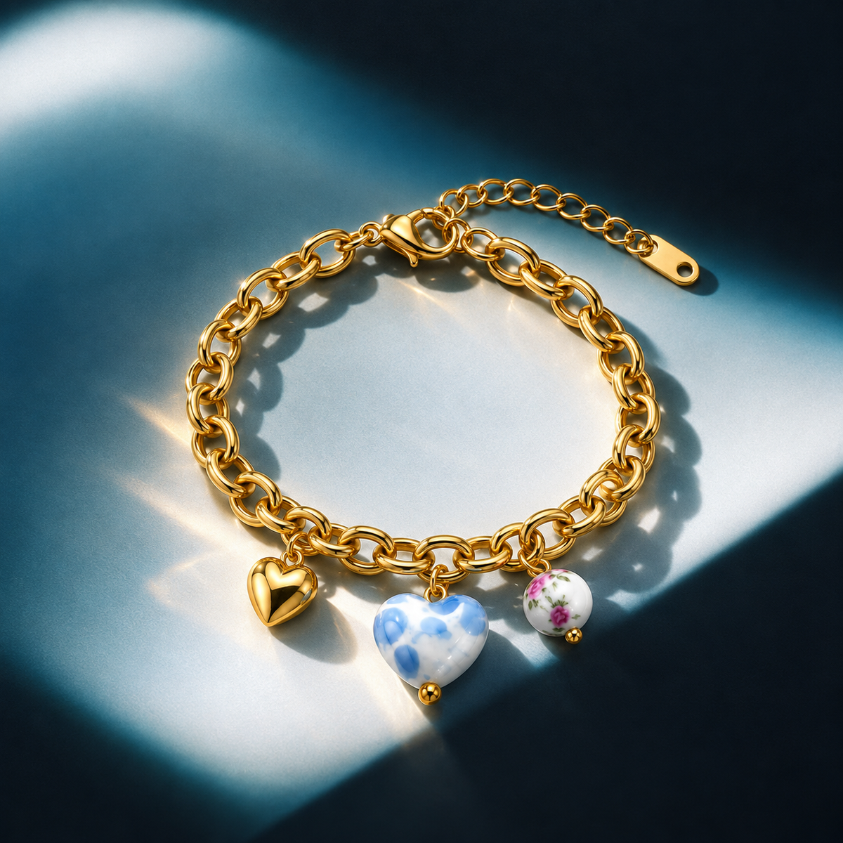A gold chain bracelet with three heart-shaped charms, including a solid gold heart, a blue-and-white marbled heart, and a white heart with blue and pink floral details, displayed on a dark blue surface with dramatic lighting.