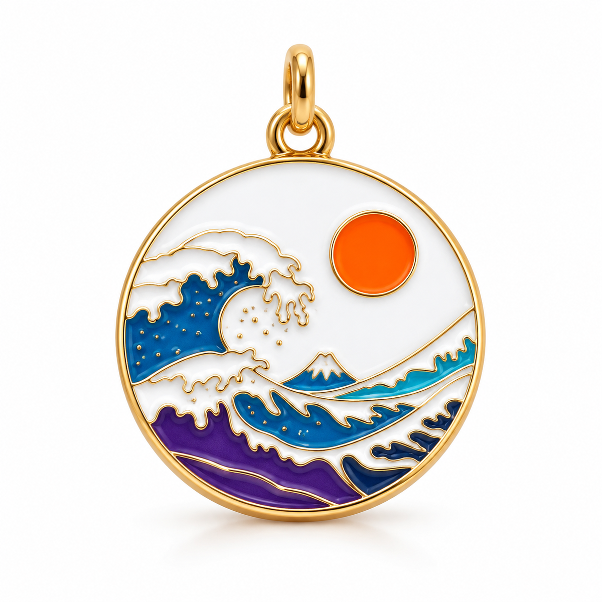 A round gold-tone pendant charm featuring an enamel Japanese wave design with blue, purple, and white waves, a small orange sun, and a mountain under a white sky, shown on a clean white background.