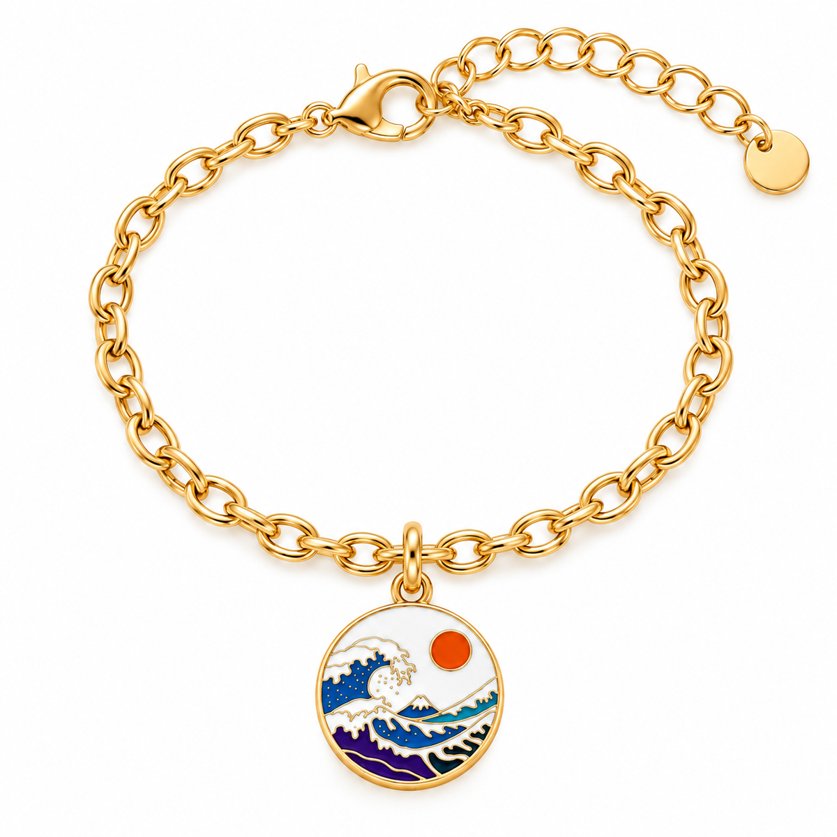 A gold chain bracelet with a round charm depicting a Japanese-style ocean wave and a red sun, shown on a plain white background.