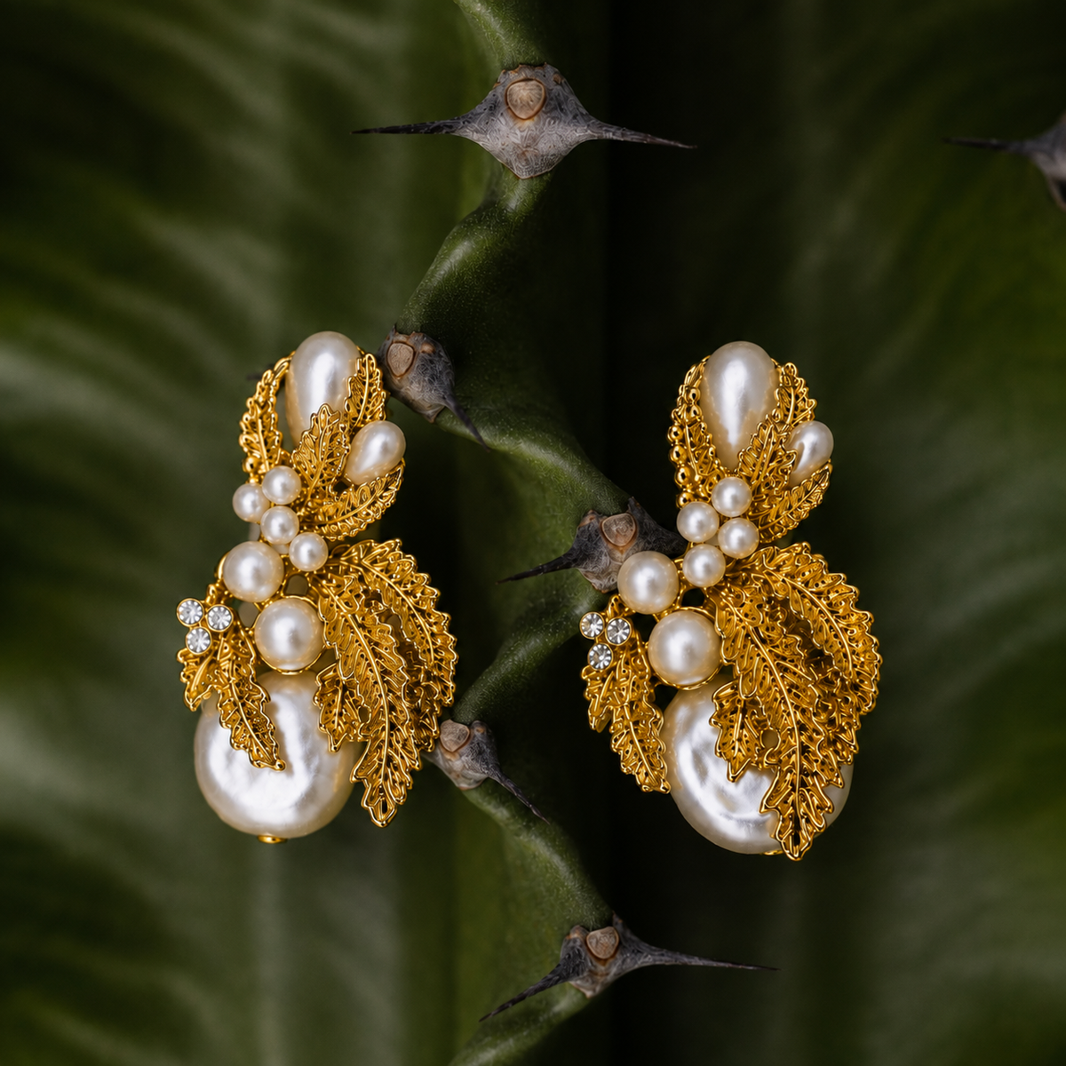 A pair of ornate gold and pearl earrings displayed on a green thorny stem against a dark green leaf background.
