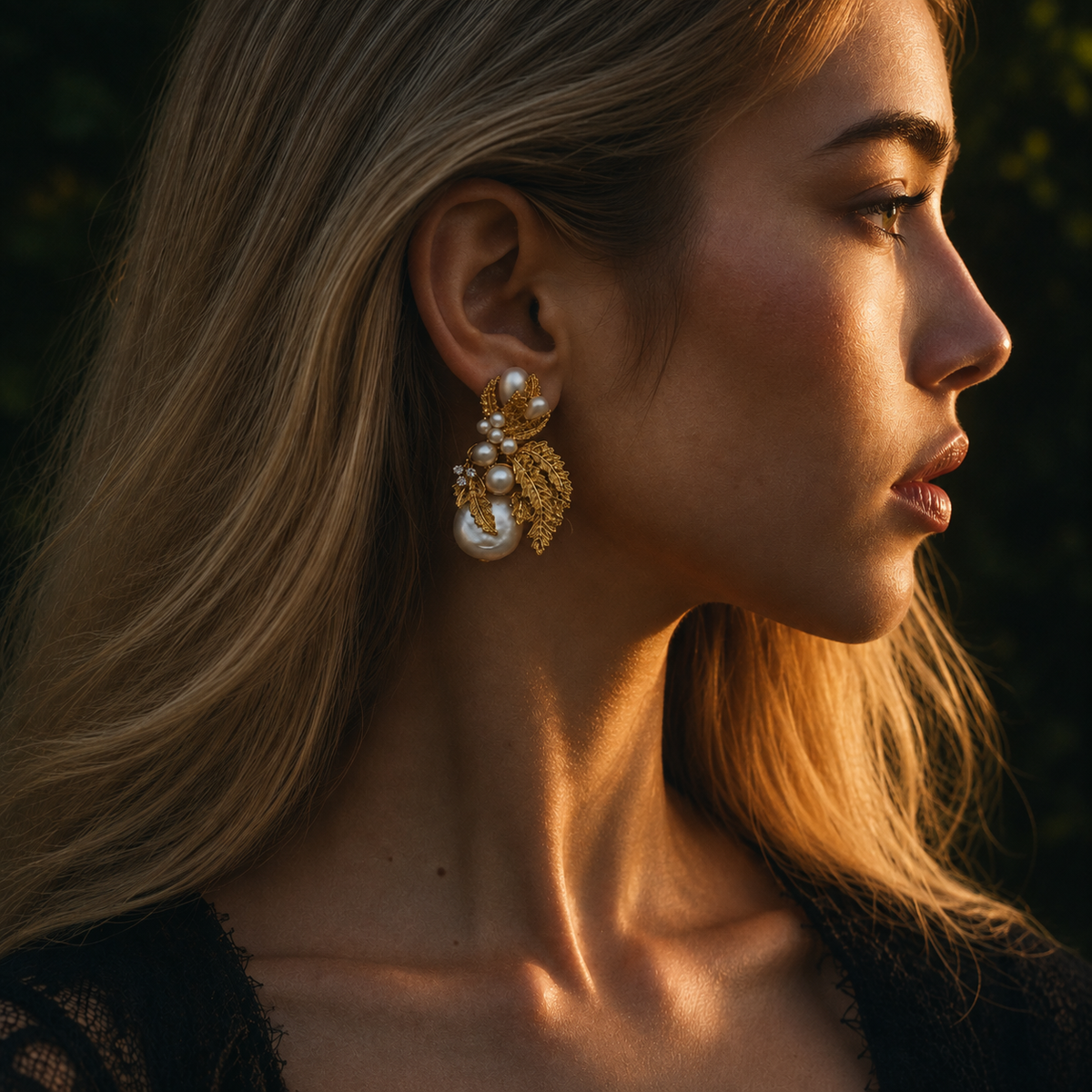 A close-up side profile of a woman with long blonde hair wearing a large, ornate gold dangle earring decorated with faux pearls and gold leaf details, set against a dark, softly blurred background.
