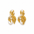 A pair of gold and pearl drop earrings with textured gold leaf-like shapes, clustered pearls, and small clear rhinestone accents, shown on a plain white background.