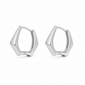 A pair of polished silver geometric hoop earrings with a modern, faceted triangular design, displayed on a clean white background.