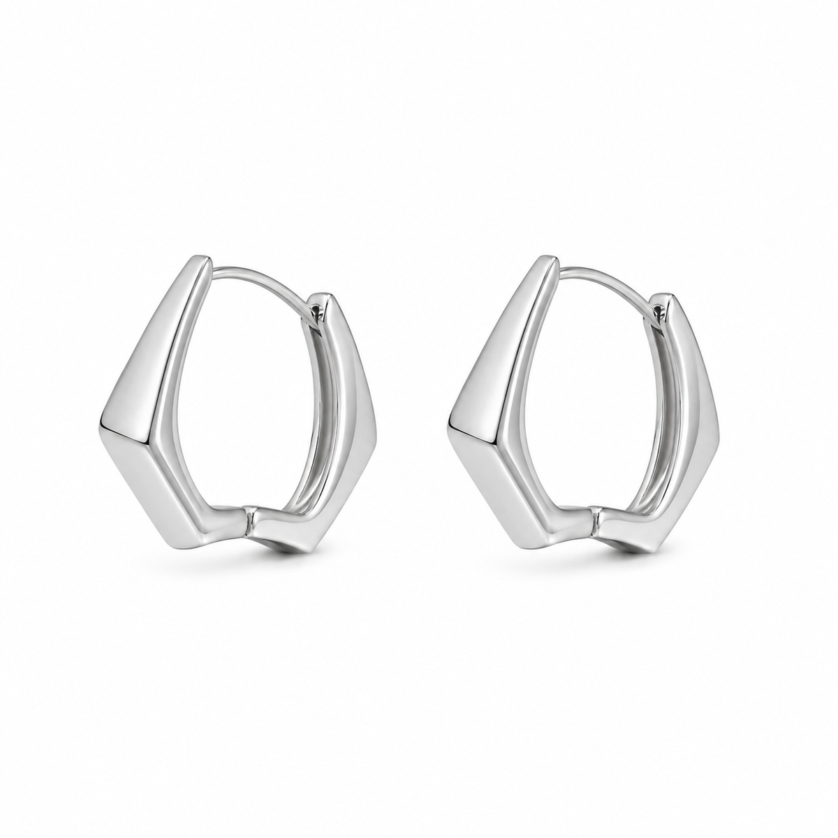 A pair of polished silver geometric hoop earrings with a modern, faceted triangular design, displayed on a clean white background.