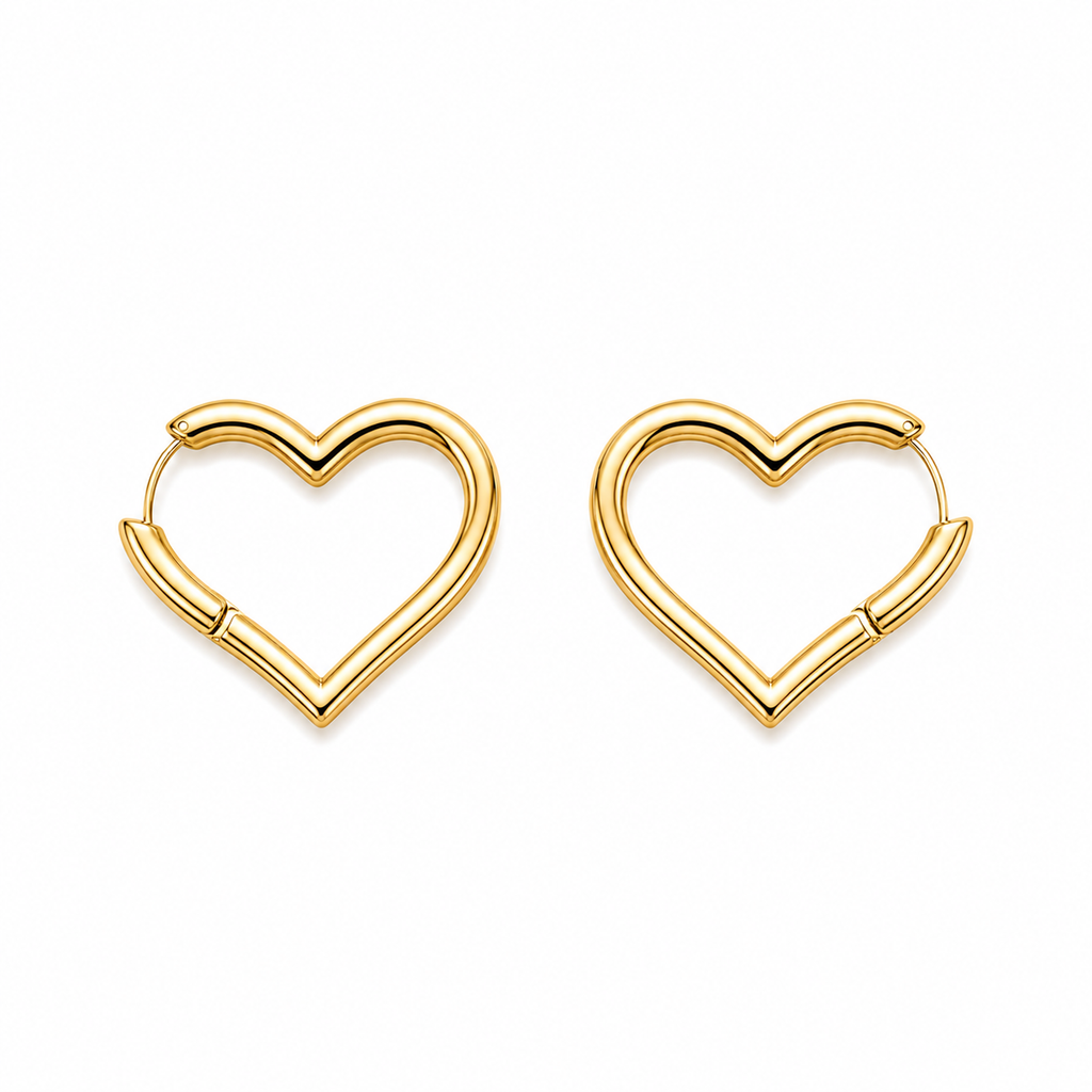 A pair of gold heart-shaped hoop earrings with a polished finish, displayed on a clean white background.