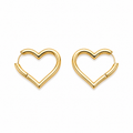 A pair of gold heart-shaped hoop earrings with a polished finish, displayed on a clean white background.