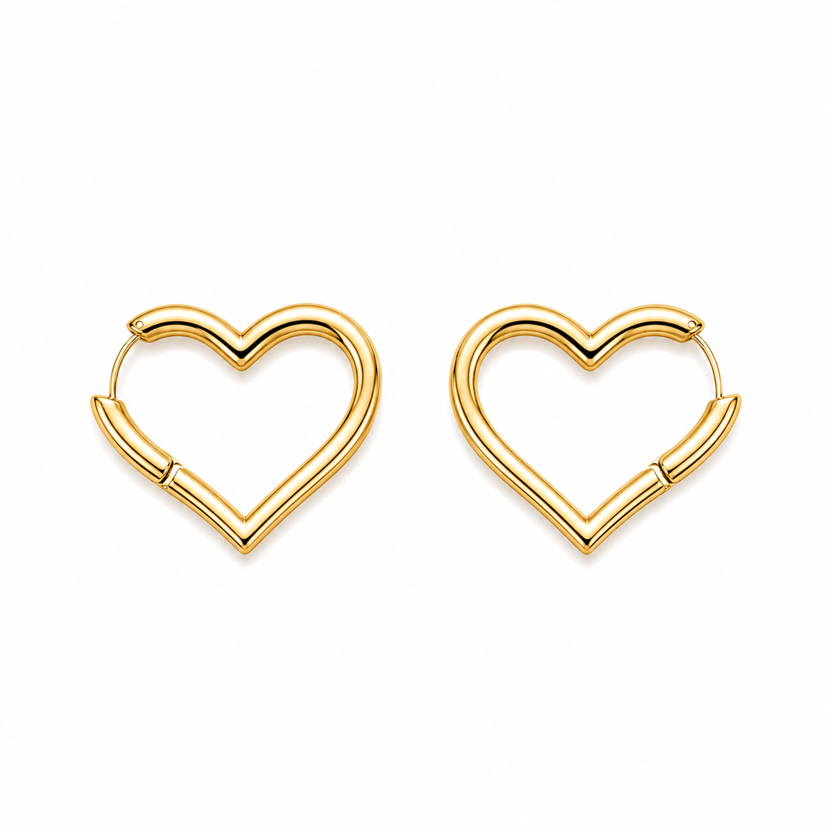 A pair of gold heart-shaped hoop earrings with a polished finish, displayed on a clean white background.