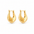 A pair of polished gold huggie hoop earrings with a teardrop-shaped, leaf-like organic design, shown on a clean white background.