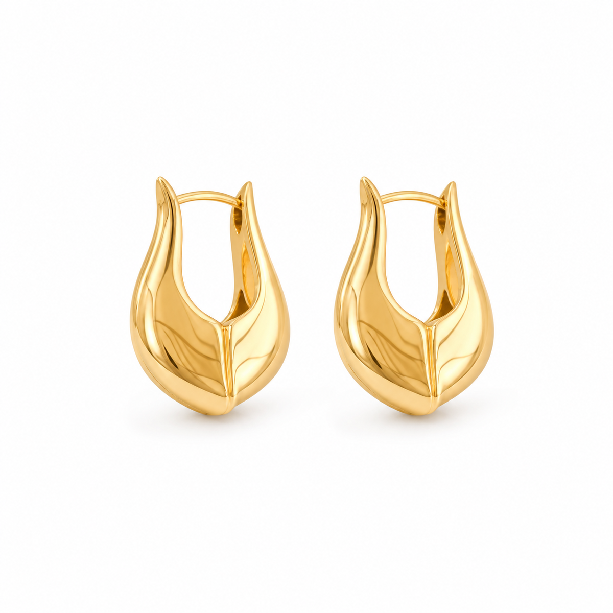 A pair of polished gold huggie hoop earrings with a teardrop-shaped, leaf-like organic design, shown on a clean white background.