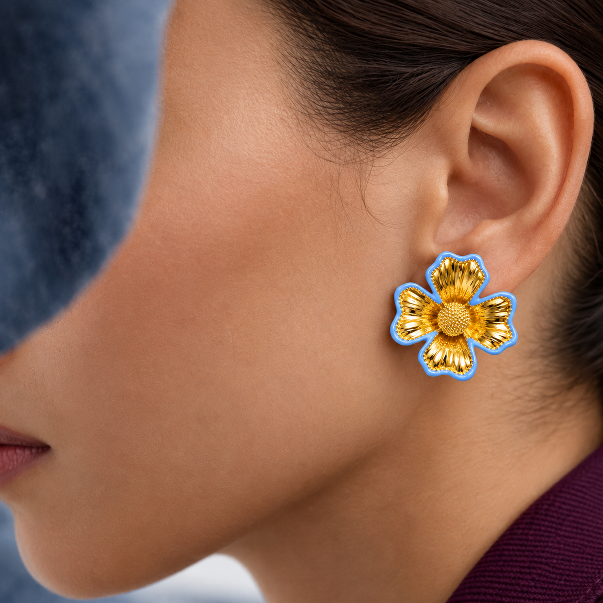 Blue floral statement earrings for women with gold detailing