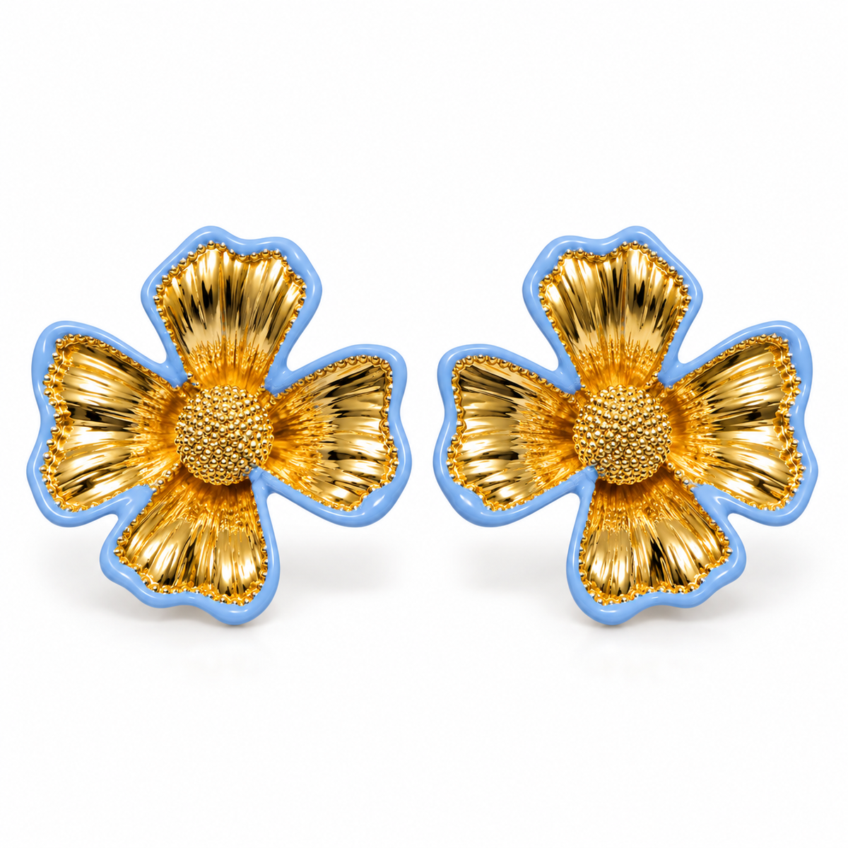 Elegant blue flower earrings with 18K PVD gold finish