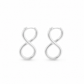 A pair of polished silver infinity-shaped hoop earrings on a clean white background.
