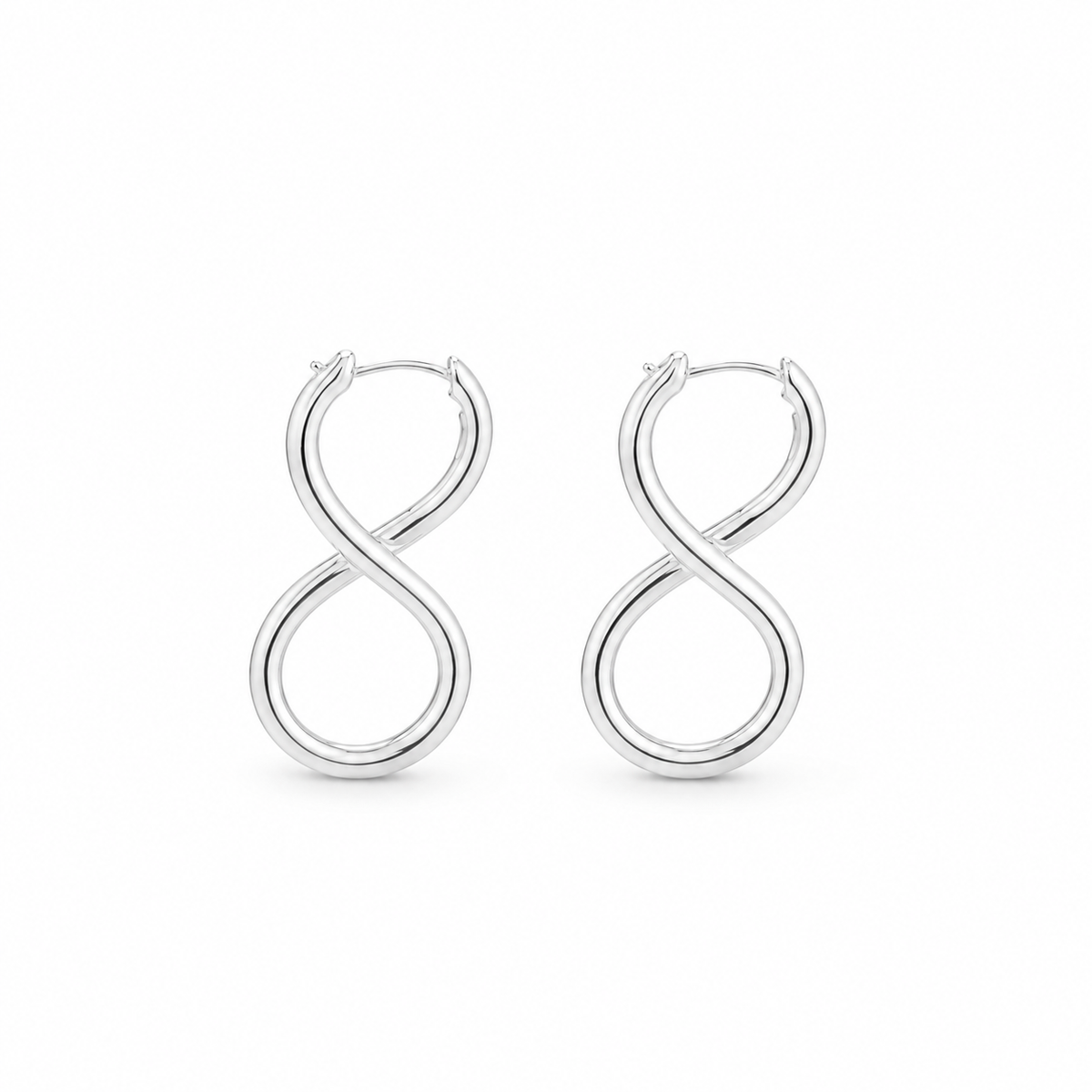 A pair of polished silver infinity-shaped hoop earrings on a clean white background.